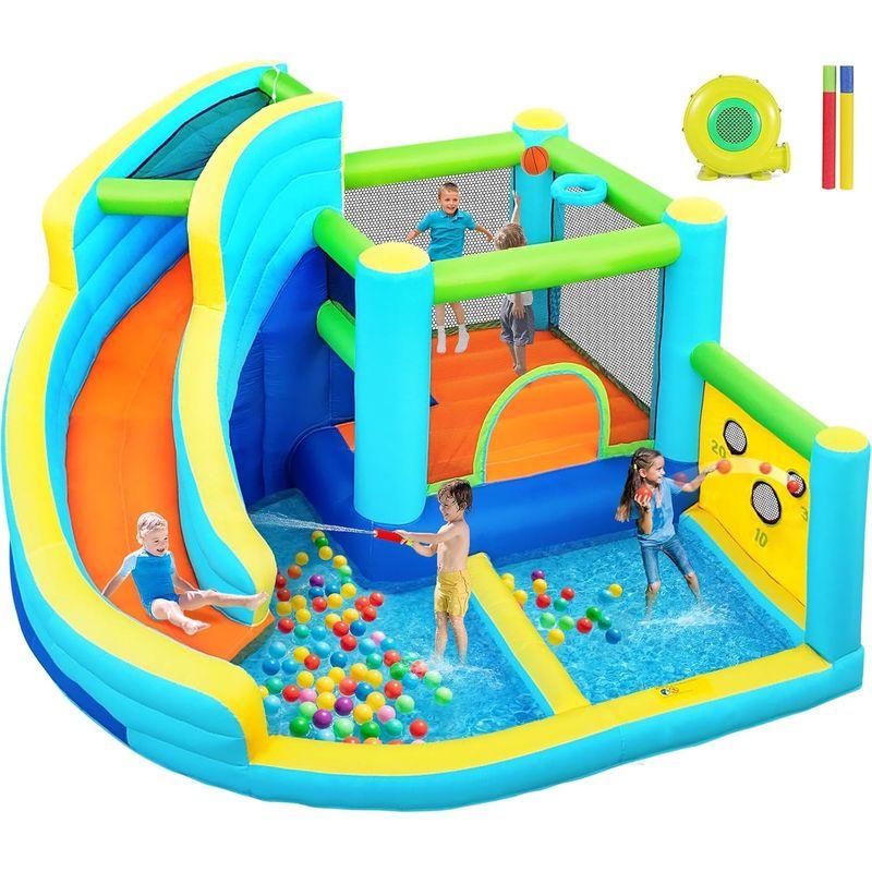 FBSPORT Inflatable Bounce House, Water Slide Park Slide Bouncer with Ball Shooting, Climbing Wall, Jumping and Splash Pool, Kids Bouncy Castle with 450W Air Blower for Outdoor Backyard