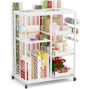 Wrapping Paper Organizer Storage with Wheels, Rolling Gift Wrap Cart with Ribbon and Gift Bag Storage, Craft Organization with 20 Roll Holders and 3 Drawers, White, 11.8"D x 25.6"W x 31.1"H