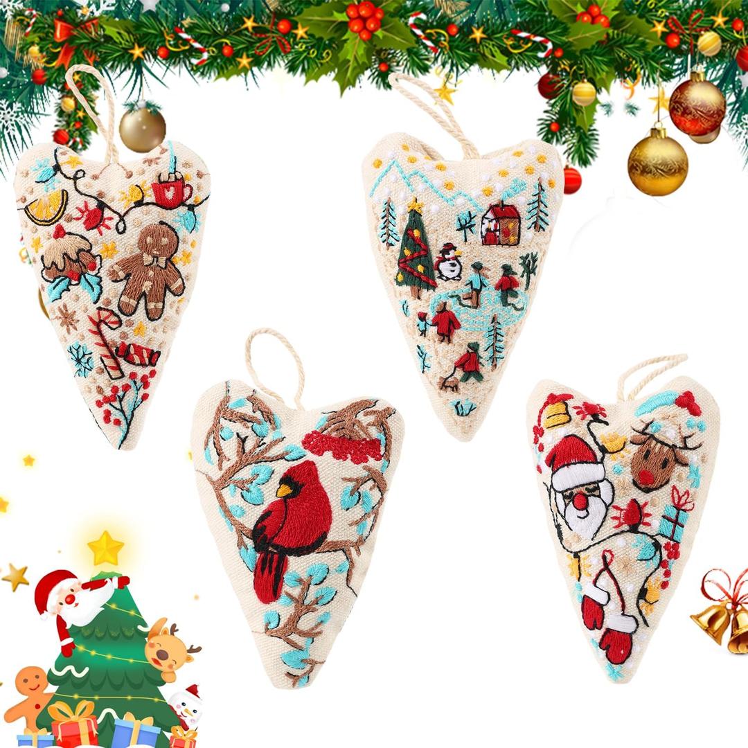 4Pcs DIY Heart Shaped Hand Embroidered Christmas Ornament Kit,2026 New Embroidery Christmas Ornament Kits,Handmade Tree Decoration,Beginner Friendly Cross Stitch Craft Set for Tree Winter Decoration