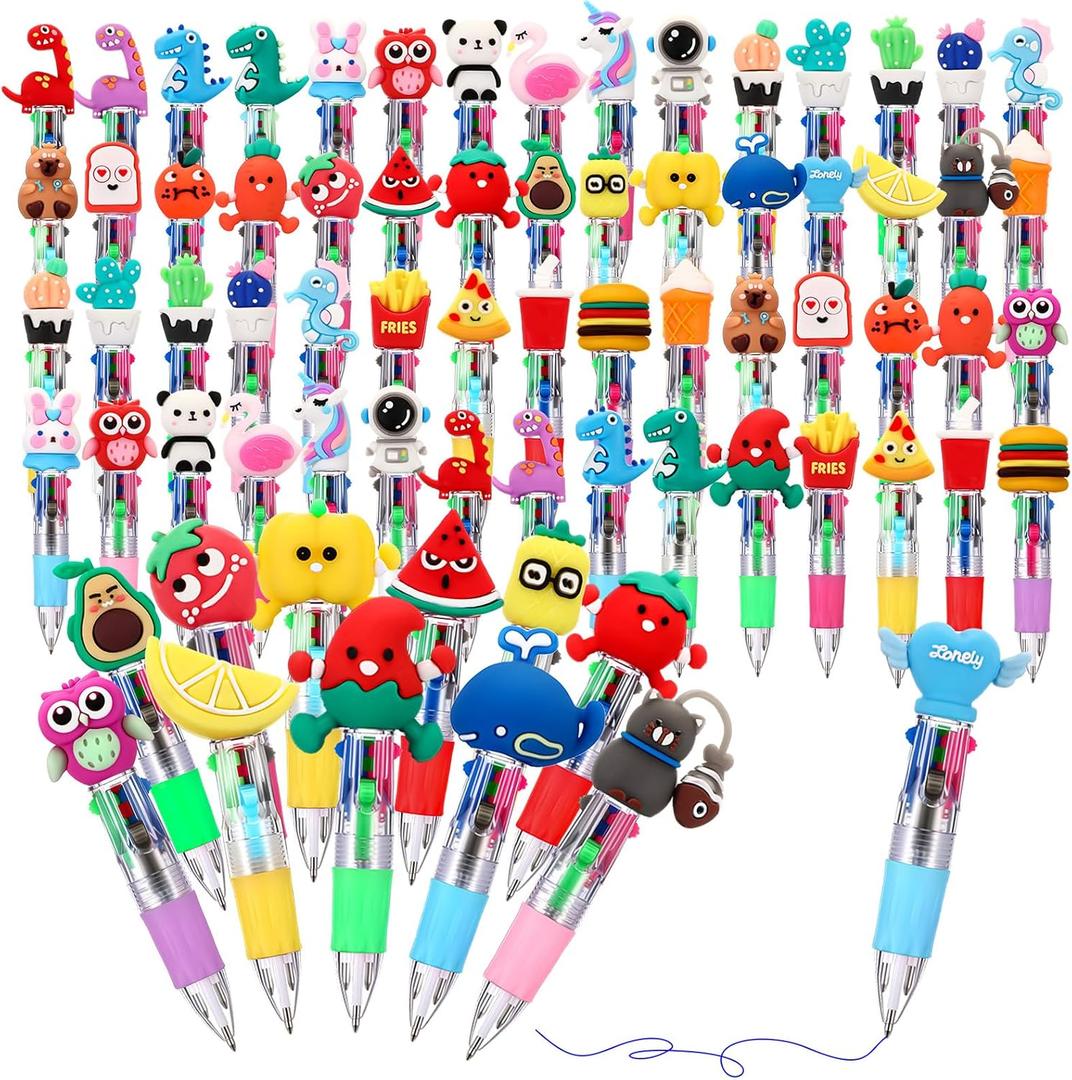 Tenceur 72 Pcs Mini Multicolor Pens in One 4-in-1 Fun Cute Animals Pens Bulk Kawaii Cartoon Ballpoint for Birthday Office Supplies Gifts for Valentine's Day, Christmas, Reward Prizes (Cartoon Style)