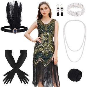 FEPITO 1920s Flapper Dresses for Women, Fringed Sequin Great Gatsby Dress for Women with 20s Accessories, Roaring 20s Costume (Small, Greenstyle 3)