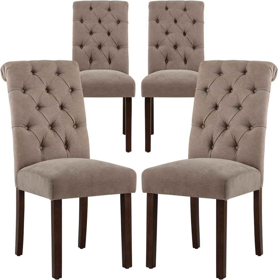 COLAMY Button Tufted Dining Chairs Set of 4, Parsons Upholstered Fabric Dining Room Chairs Kitchen Chairs with Wood Legs and Padded Seat, Taupe