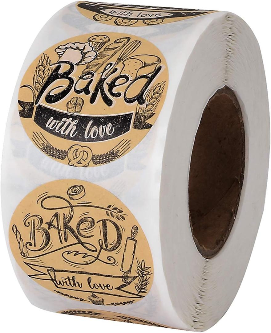 600 Baked with Love Stickers 1.5" Round Natural Kraft 6 Unique Design Perfect for Baked Goods Packing and Wrapping, Add Unique Touch to Your Business and Homemade Cookies