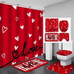 Drydiet 4 Pcs Valentine's Day Shower Curtain Set, Non Slip Rugs Toilet Lid Cover U Shape Bath Mat and 12 Hooks Love Heart Shape Red Bathroom Supplies for Valentines Accessories Decor Set