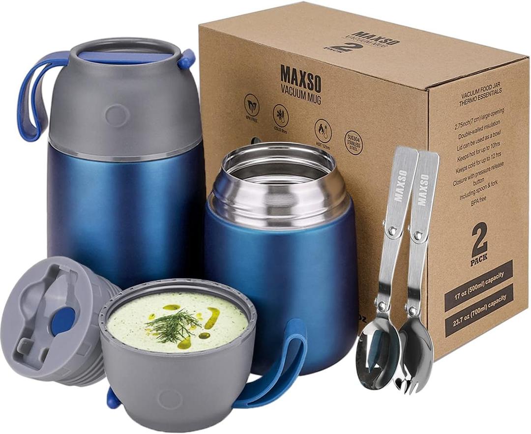 MAXSO Pack of 2 Soup Thermo for Hot & Cold Food for Kids Adults, Vacuum Insulated Food Jar Thermal Lunch Containers, Travel Food Flask with Spoon (24 oz,17 oz) (Dark Blue)
