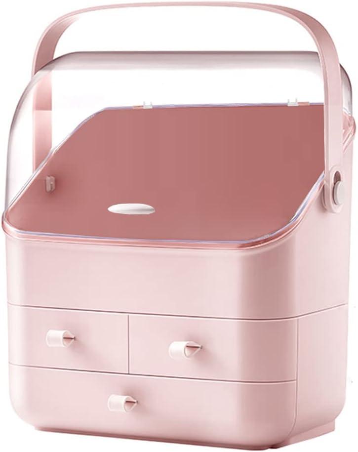 LINFIDITE Cosmetic Storage Box with Lid Waterproof&Dustproof Makeup Organizer Box Portable Handle,Large Makeup Display Case with Drawers Fully Open Lid,Great for Bathroom Countertop Bedroom Dresser (Pink)