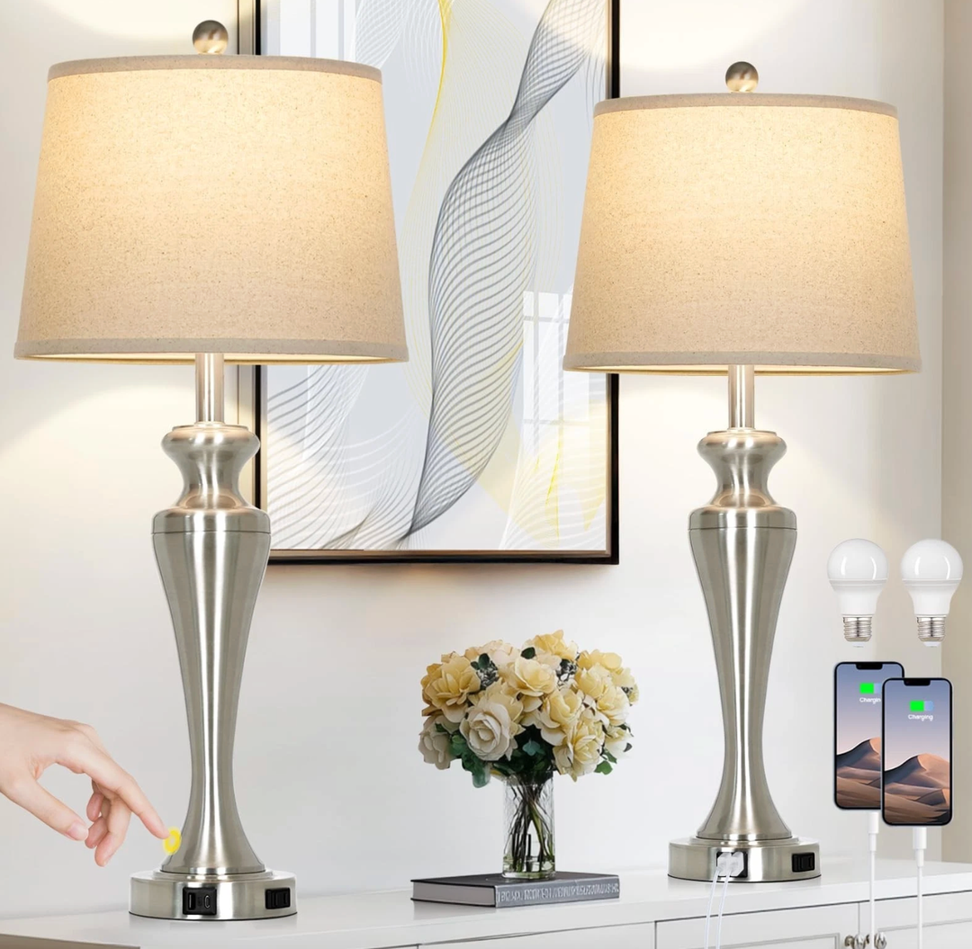 LUXEFLOW 30" Silver Table Lamps Set of 2, 3Way Dimmable Touch Living Room Lamp with USB A+C Ports and AC Outlet, Modern Brushed Nickel Bedroom Lamps, Tall Metal Bedside Lamp for Nightstand Side Table