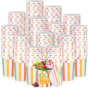 Irenare 100 Pcs 12 oz Ice Cream Paper Cups with Lids Disposable Dessert Bowls Hot Soup Containers Kraft Paper Food Containers for Valentine's Day Easter Cold and Hot Foods Sundae Yogurt (Macaron)