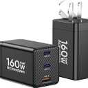 [2 Pack] USB C Charger Block 160W, 3-Port GaN Super Fast Charger, Dual 65W Type C Charging Block, Foldable QC3.0 Laptop Fast Charging Adapter for MacBook, iPhone, Samsung, Galaxy, iPad, Android, Black