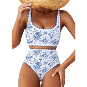 Herseas Women's Bikini Sets Floral Print Whip Stitch 2 Piece Swimsuits High Waisted Scoop Bathing Suits (Blue, L)