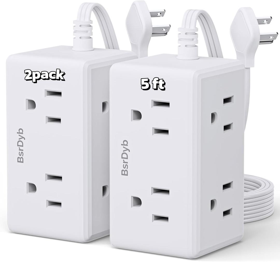 2 Pack 5Ft Flat Plug Small Power Strip,3-Side White Extension Cord with 6 Wide Outlets Extender,No Surge Protector,Cruise Ship Essentials,Multi Plug for College Dorm Home Office Travel,Wall Mount