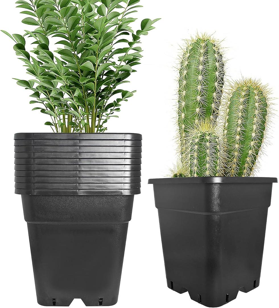 10 Pack Square Planter Nursery Pots 5.2 Gallon Pots for Plants, Plastic Flower Pots, Black Grower Pots with Drainage Hole for Indoor and Outdoor
