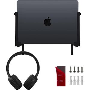 IFCASE Aluminum Wall Laptop Mount Holder for MacBook Air, Pro, Surface, iPad, Tablets, Cell Phones with Headphone Hook, Anti-Scratch Pads, Adhesive & Screws (Black)