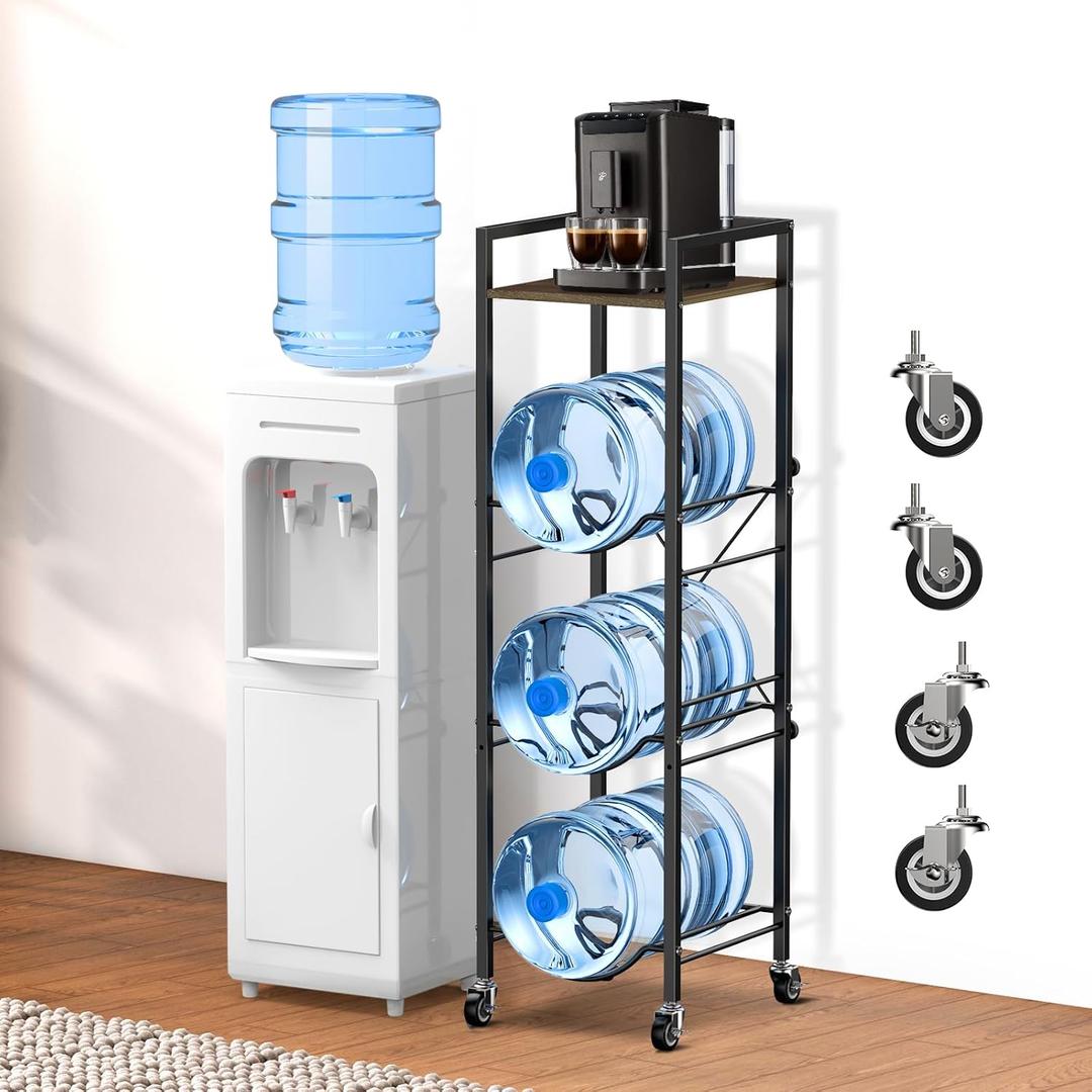 5 Gallon Water Jug Holder Stand with Wheels, 5 Gallon Water Jug Dispenser Stand 4-Tier with Wood Table Top, Water Bottle Holder 3 Bottles for Kitchen Office Garage (Rustic Brown and Black)