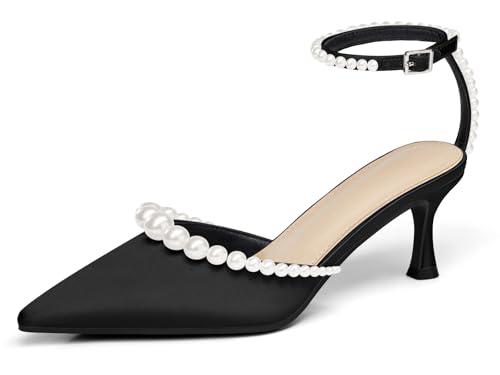 Coutgo Womens Pearl Kitten Heels Closed Pointed Toe Wedding Bride Dress Shoes Ankle Strap Satin Pumps, Black, Size 7