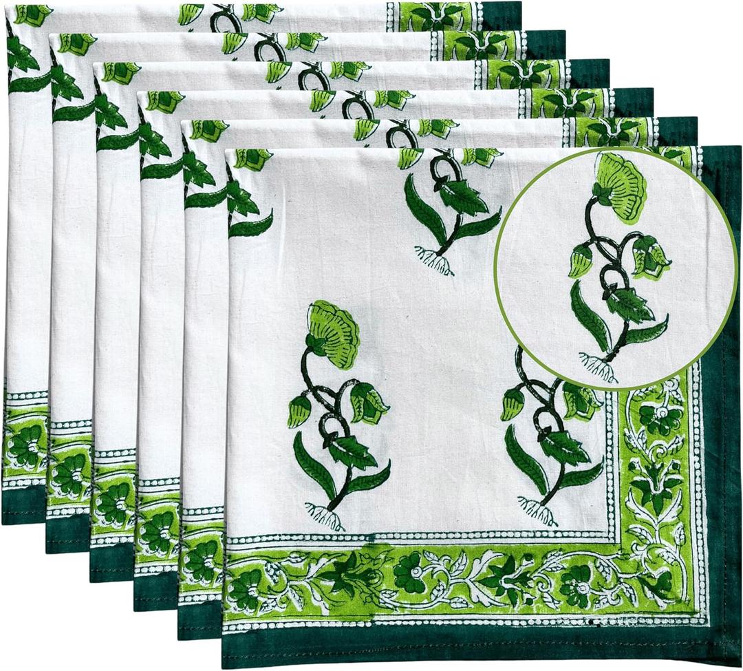 Hand Block Cloth Napkins Set of 6  Elegant Cotton Napkins for Dinner, Weddings, Reusable Everyday Use  Decorative Floral Napkins Everyday for Kitchen & Home Decor (6, Green, 20X20 Inches)