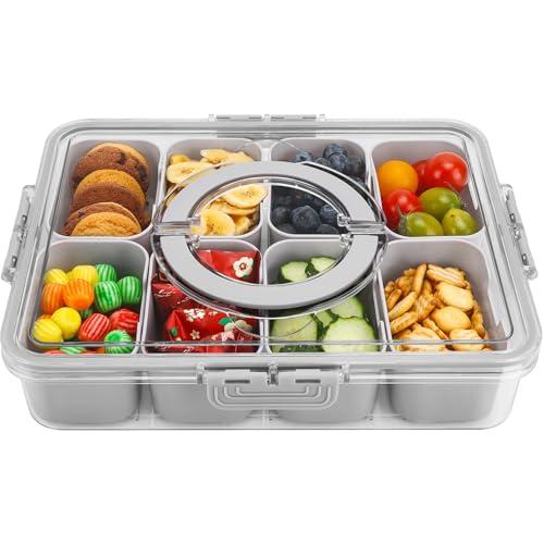 shopwithgreen Snackle Box Container, Divided Serving Tray with Lid and Handle for Party, Veggies, Fruit, Nuts, Food Tray Platter Charcuterie Snack Box Container for Entertaining, Picnic, Gray