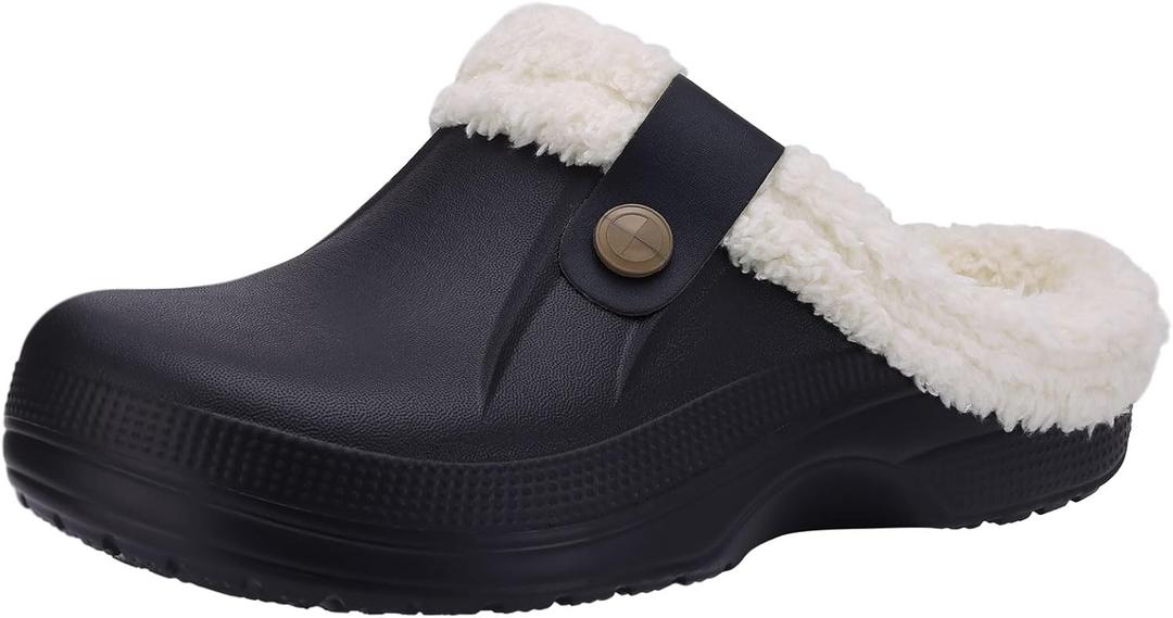 Beslip Classic Fur Lined Clogs Waterproof Winter Fuzzy Slippers for Women Men Indoor and Outdoor (11-11.5 Women/9.5-10 Men, Black/White)