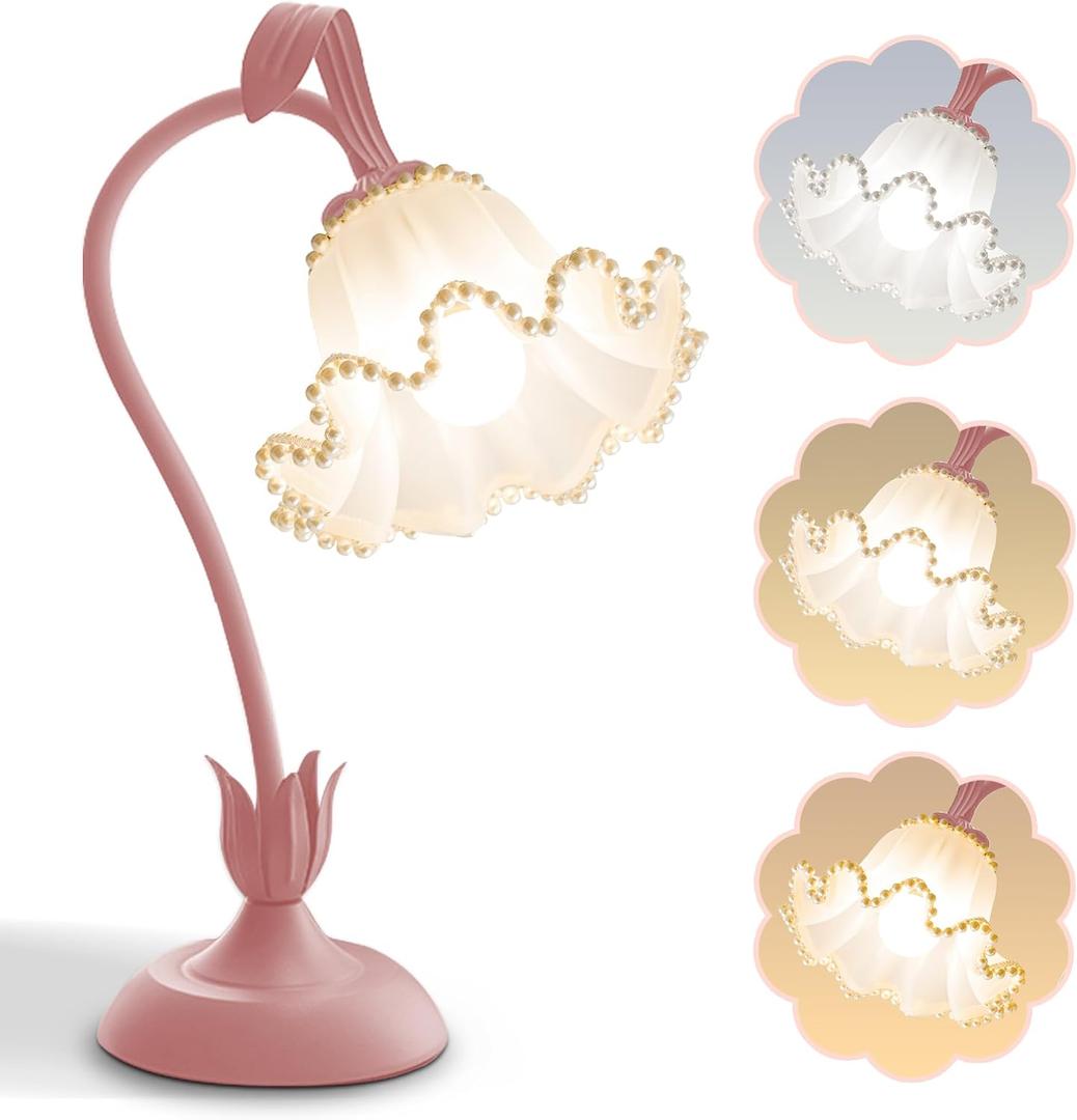 AQDZCNF Flower Table Lamp,LED Reading Light Bedside Vintage Flower Night Light,3 Colors Modes Kawaii Bedside Lamps Decor,Living Room Bedroom Room Lighting Table Lamps Home Decoration (Pink Pearls)