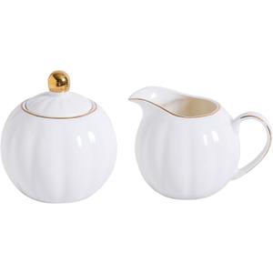 White and Gold Porcelain Sugar Bowl and Creamer Set - 12oz Lidded Sugar Pot & 10oz Milk Jug with gold rim, Elegant Tea and Coffee Accessories, Table Decor and Gift