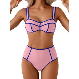 Eomenie Bikini Sets for Women Two Piece Swimsuits High Waisted Color Block Bathing Suits Tie Back Swimwear, Size M