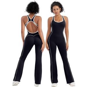 TDIFFUN Women Flare Jumpsuits Backless Workout Hollow One Piece Sleeveless Padded Unitard Sexy Gym Yoga Outfits (Black, M)