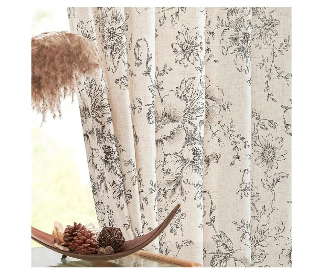 jinchan Linen Blend Curtain Floral Curtains for Living Room 84 Inch Length Farmhouse Curtain Rod Pocket Back Tab Black Printed Peony Flower Patterned Drapes Bedroom Window Curtains Set 2 Panels