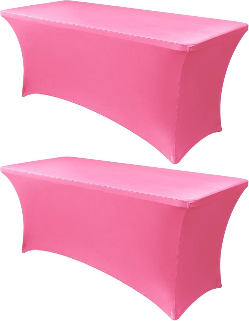 Obstal 6ft Stretch Spandex Table Cover for Standard Folding Tables - Universal Rectangular Fitted Tablecloth Protector for Wedding, Banquet and Party, 72L x 30W x 30H Inches, Dark Pink, 2pc (6 Ft | 2 Pack, Dark Pink)