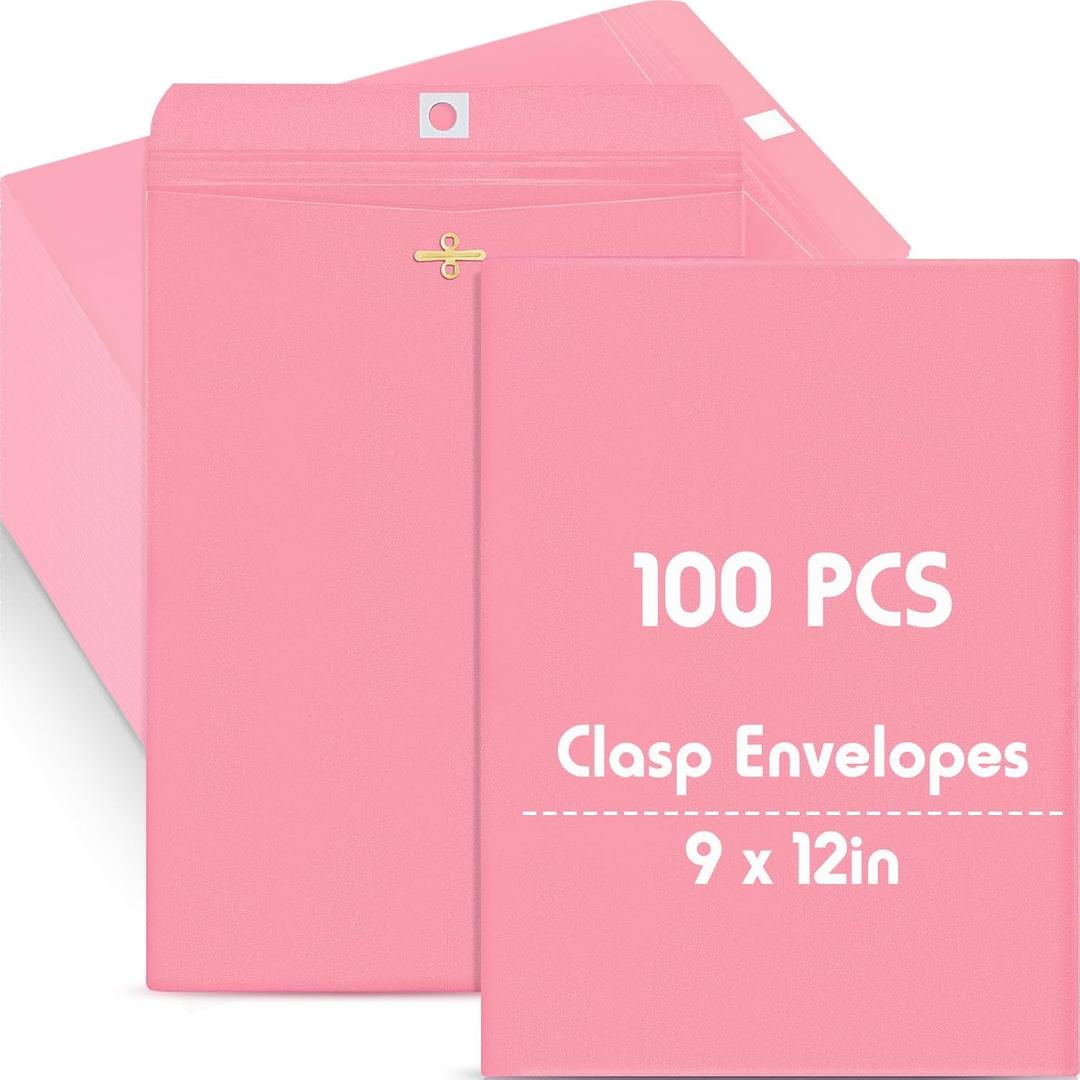 Geyee 100 Pcs Clasp Manilla Envelopes 9 x 12 Inch Gummed Colored Envelopes for Storing or Mailing for Home Office Business Supplies (Cherry Color)