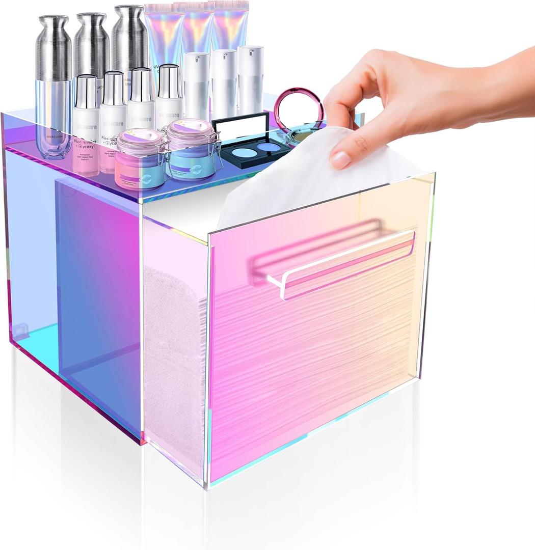GRETJOB Disposable Facial Towel Storage Box Rainbow, Acrylic Facial Container Compatible with Clean Skin Face Towel XL Wall-Mounted Organizer with Drawer