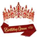 VELSCRUN Birthday Queen Tiara Crowns for Women Girls Red Crystal Birthday Queen Headband Sash Elegant Princess Crown Happy Birth Party Decorations Mom Sisters Birth Gift Hair Accessories