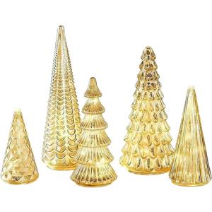 Ochine Set of 5 Illuminated Mercury Glass Trees Christmas Decorations, Mercury Glass Christmas Trees Xmas Tree Figurine for Xmas Holiday Decor Home Party Centerpiece Mantel Gift
