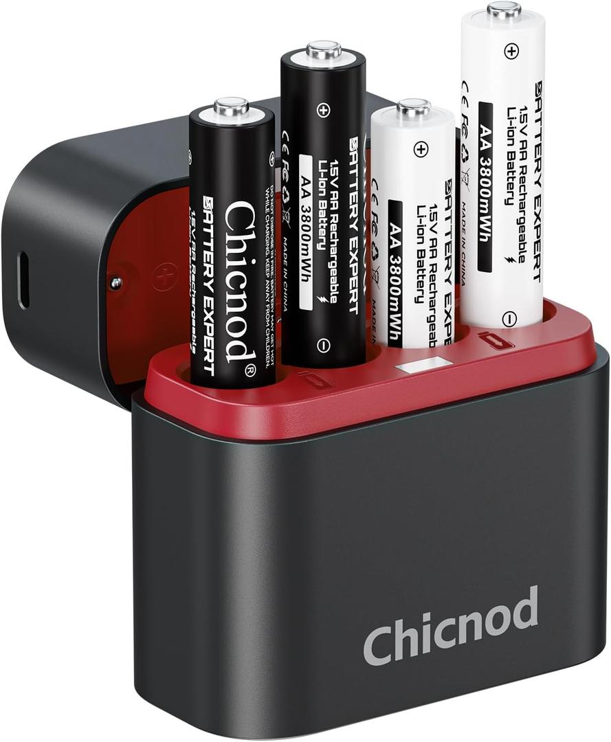 Rechargeable AA Lithium Batteries with Charger, 4 Pack Double A Batteries for Blink Camera, 3800mWh 1.5V Output High Capacity, 4 Slot aa Li-Ion Battery Charger, 1600+ Cycle Life 2H Fast Charging