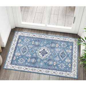 Washable Entryway Area Rug 2x3 - Small Doormat Vintage Distressed Rugs Oriental Non-Slip Stain Resistant Carpet Soft Thin Non-Shedding Indoor Floor Mat for Bedroom Bathroom Kitchen (Grey/Blue,2x3)