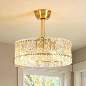 20" Gold Crystal Ceiling Fan with Light, Modern Caged Chandelier Fan with Lights and Remote, 6 Speeds Reversible Quiet DC Motor Fandelier for Dining Room Living Room, 4 x E12 Bulbs