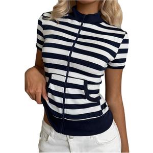 SweatyRocks Women's Slim Fit Zip Up Sweatshirts Collar Striped Short Sleeve Tops with Pockets (M)