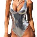 YAUASOPA Sexy Liquid Metallic Glitter One Piece Push Up Swimsuit Female Shiny Solid High Cut Beachwear (Medium)
