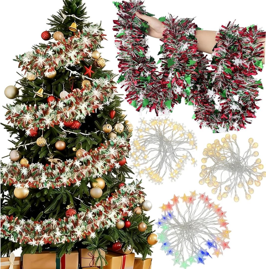 Christmas Tinsel Garland, 50Ft Metallic Tinsel Twist Garland Shiny Hanging Decoration for Home Window Fireplace Indoor Outdoor, Xmas Garlands Ornaments Christmas Tree Decoration,Green Red