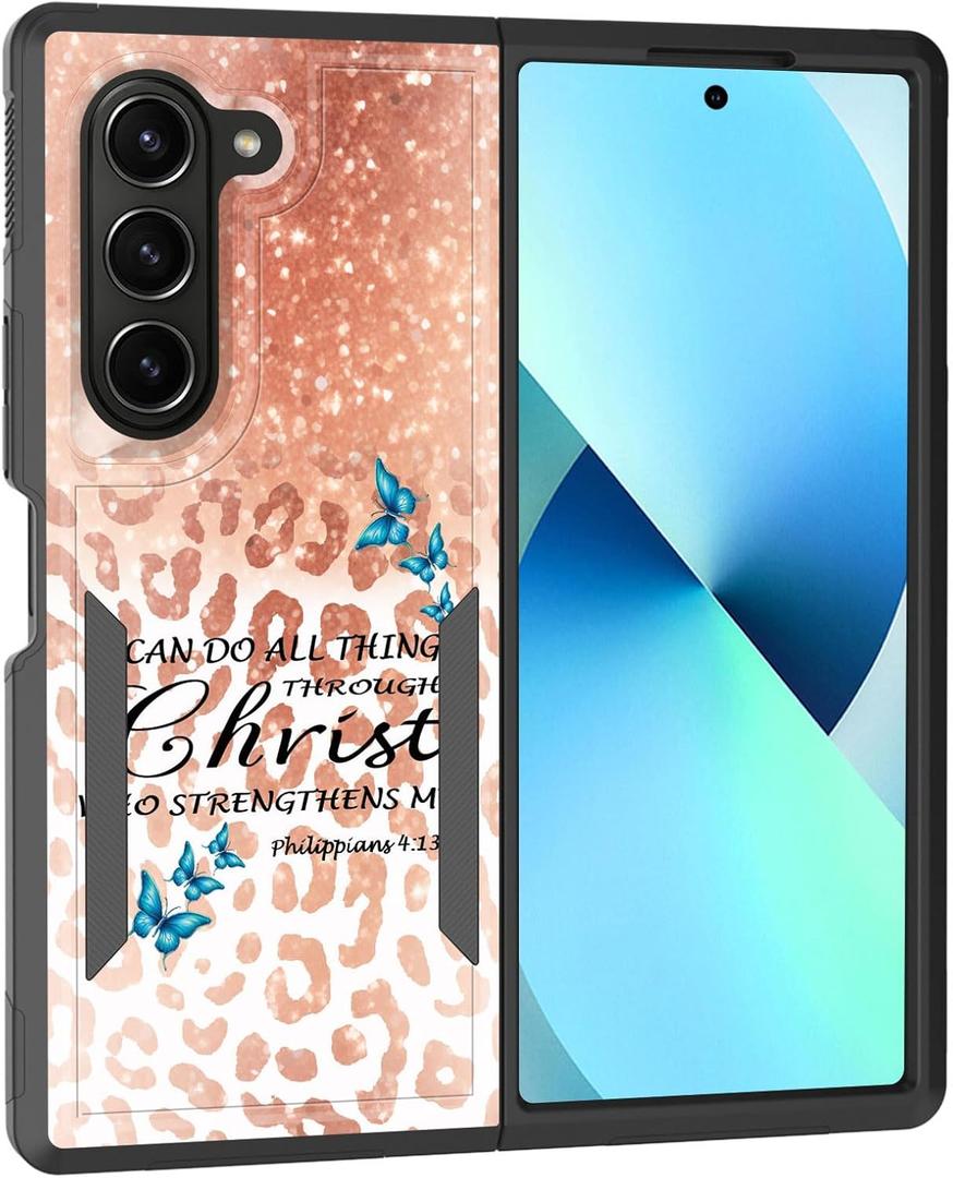 for Galaxy Z Fold 6 Case,Dual Layer Hybrid Heavy Duty Rugged Shockproof Hard PC +Soft Silicone Protective Case for Samsung Galaxy Z Fold 6 2024,Bible Verse Philippians 4-13 Glitter Leopard