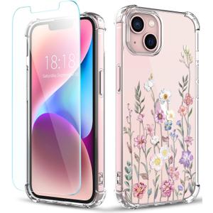 Compatible with iPhone 13 Case with Screen Protector, Flower Pattern Design, Floral Clear Women Phone Case Shockproof Protective Soft Bumper Cover 6.1 Inch 2021 (Blooming Flowerets)