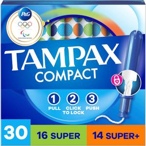 Tampax Compact Pearl Tampons for Women Multipack, with LeakGuard Braid & Extendable Applicator, Super/Super Plus Absorbency, Compact Extendable Applicator, Unscented, 30 Count