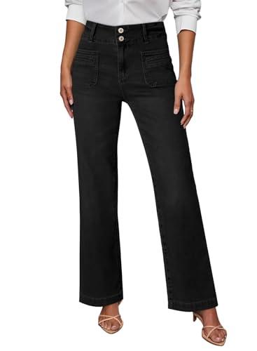 Sidefeel Women's Jeans Straight Leg High Waisted Tummy Control Pockets Front Denim Pants Deep Black Size 6