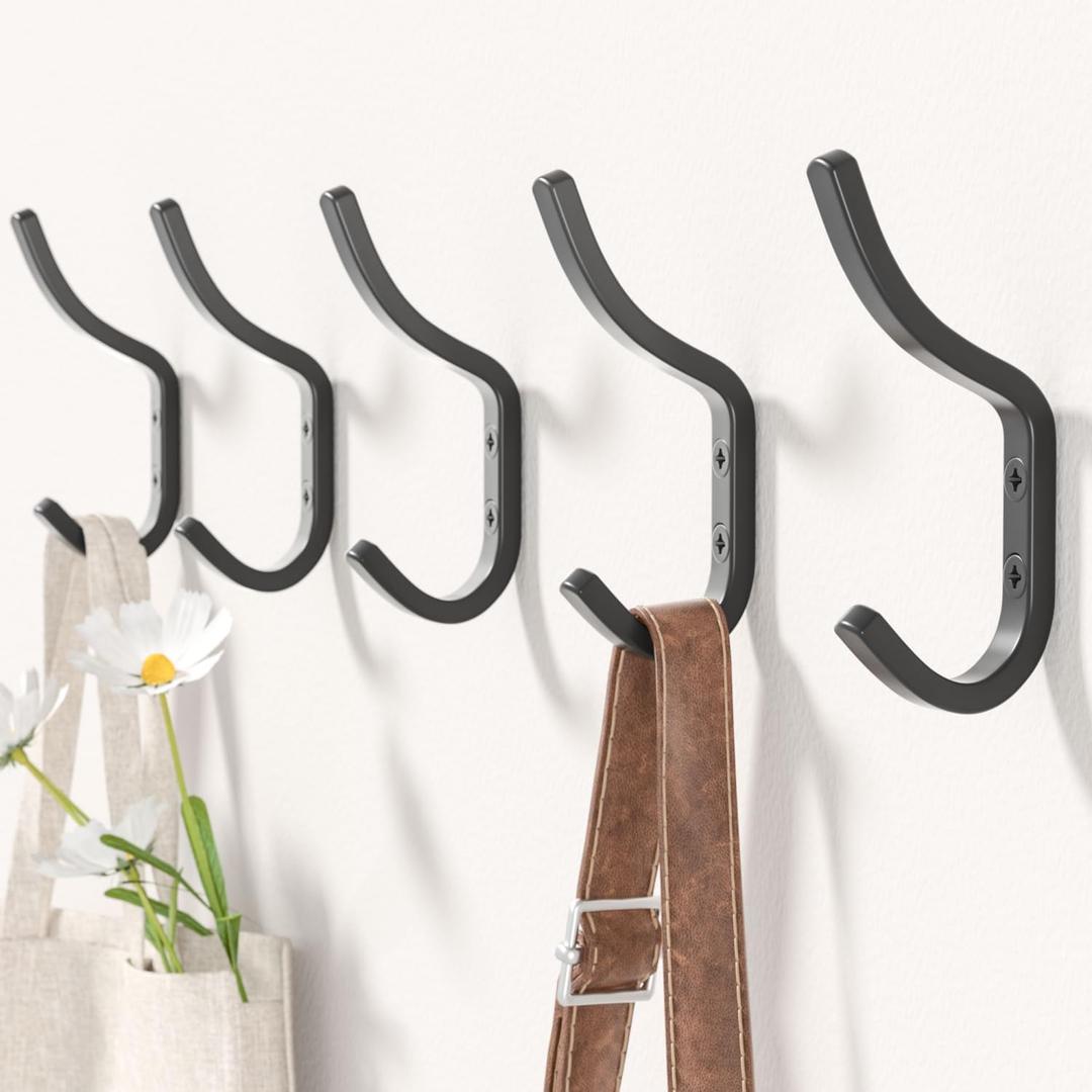 Wall Hooks for Hanging Coat - 5 Pack Black Arc Double Hooks, Sturdy Metal Matte Finish, Organize Coats, Hats, Bags in Entryway, Closet, Bedroom