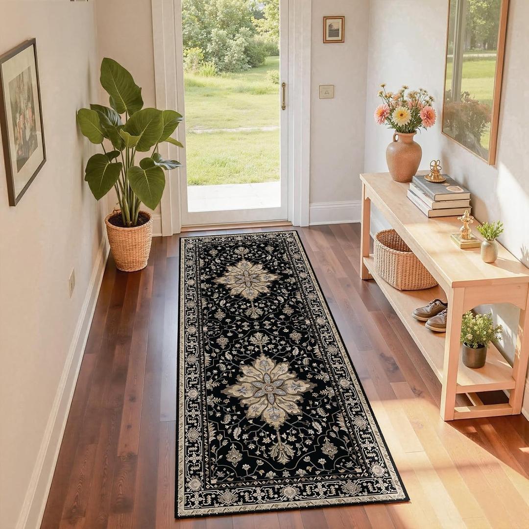 RELEANY Area Rugs 2'x6' Runner Rug Non-Slip Washable for Kitchen Hallway Bedroom Beside Laundry Room Bathroom Rug, Floor Carpet, Black Brown Neutral Dark Tan