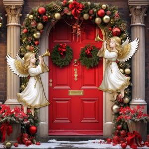 2 Pcs Christmas Welcome Hanging Signs Wooden Angel Door Sign Christmas Winter Porch Decor Wooden Hanging Sign Wall Plaque Xmas Decoration for Fireplace Home Indoor Outdoor Decor