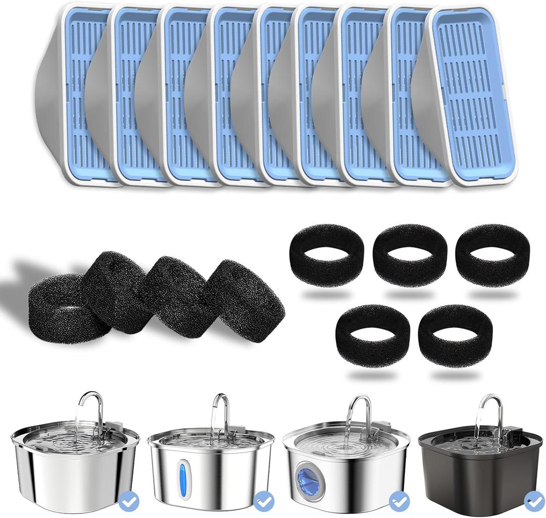 PEKTACO Cat Water Fountain Filters Replacement & Pre-Filter Sponges for 3.2L/108oz Automatic Pet Fountain, Dog Water Dispenser 9 Pack Filters & 9 Pre-Filter Sponges Foam Filters (Standard)