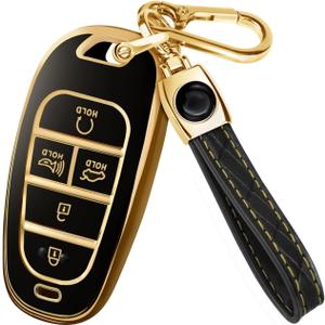 Lucrum Compatible with Hyundai Key Fob Cover & Leather Keychain, Keyfob Case for Santa Fe, Sonata, Tucson, Grandeur, Ioniq 5, Palisade, Nexo - For 5 Button Remote (2019-2025) - Black and Gold