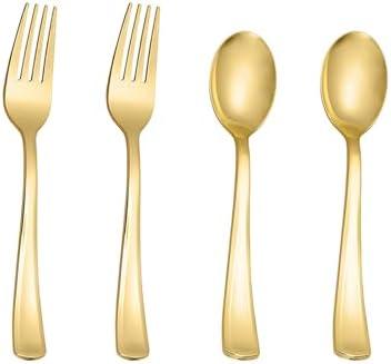 100PCS Gold Plastic Silverware, Heavy Duty Disposable Cutlery Set for Parties, Disposable Plastic Spoons and Forks Includes 50 Gold Spoons and 50 Forks for Weddings, Birthday, Dinners