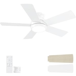 POCHFAN 42 Inch White Ceiling Fans with Lights and Remote, LED Low Profile Flush Mount Ceiling Fan for Bedroom, Living Room, Patio, Quiet DC Motor, 5 Blades