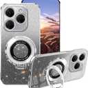 Compatible with Tecno Spark 20 Pro Case Silicone with Ring Holder, for Tecno Spark 20 Pro Phone Case Glitter Transparent Double Layer Detachable Soft TPU Shockproof Protective Slim Cover (Silver)